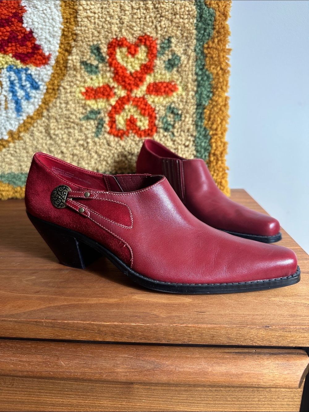 Women's Vintage Red Leather Low Heel Western Booties